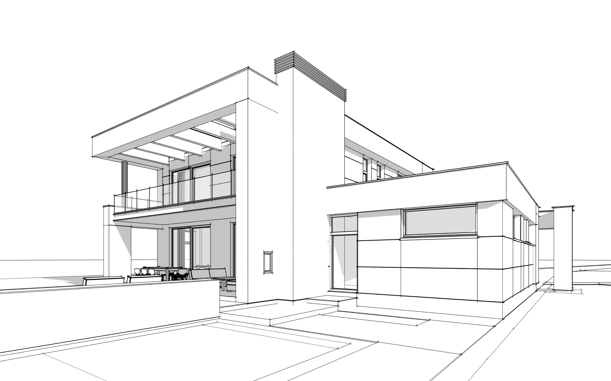 Architectural line drawing of a modern two-story residence